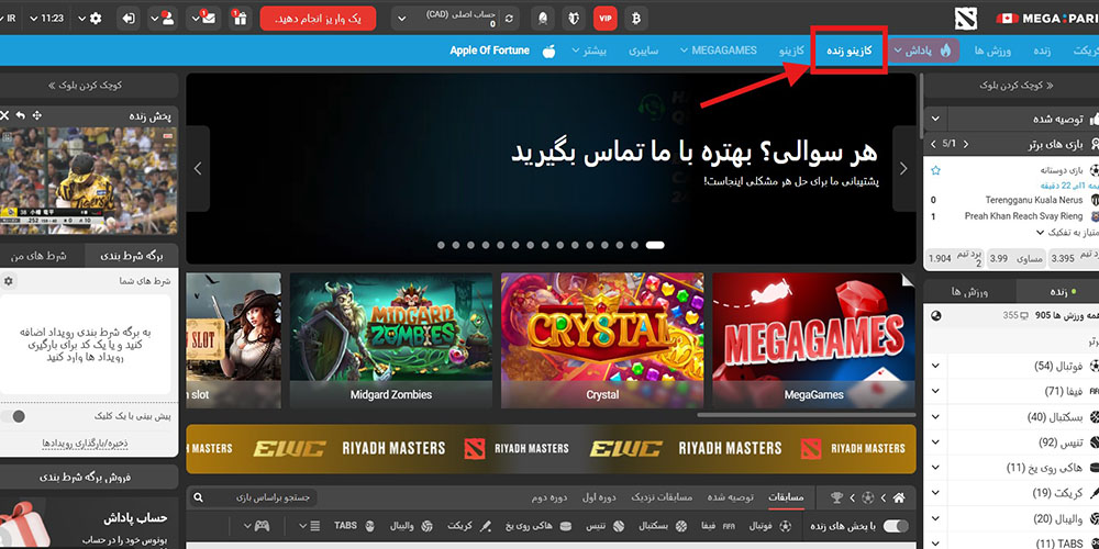 ورود به بخش کازینو زنده مگاپاری
